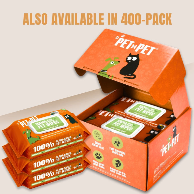 Pet n Pet plant-based pet wipes box containing four packs of 100 wipes each with organic certification displayed on orange packaging.