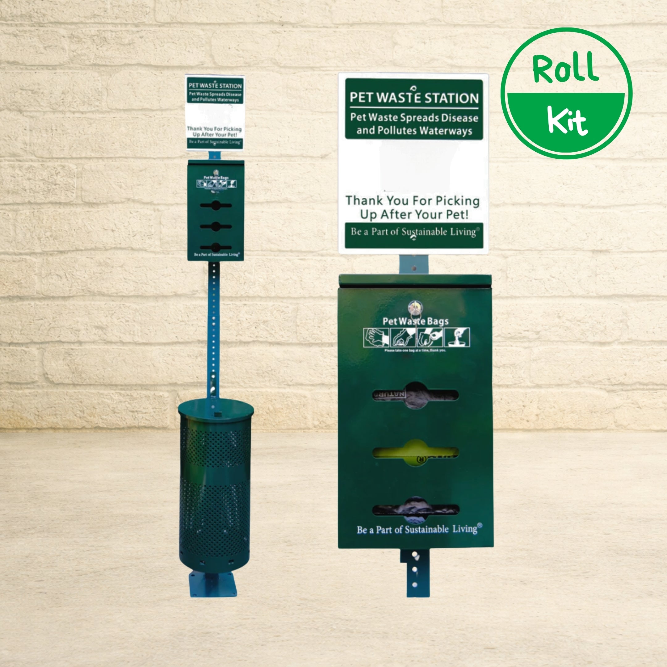 Dog poop bag dispenser station roll kit with metal waste bin, signage, and mounted outdoor pet waste solution