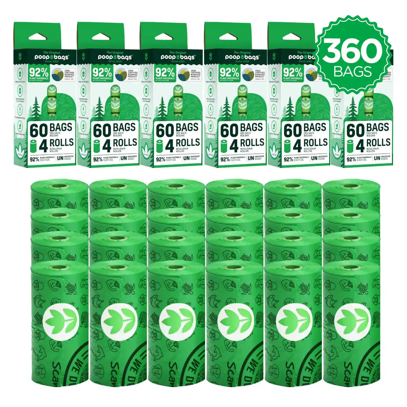 Bulk poop bags pack of 360 rolls made with 92% plant-based materials for eco-conscious dog waste cleanup.