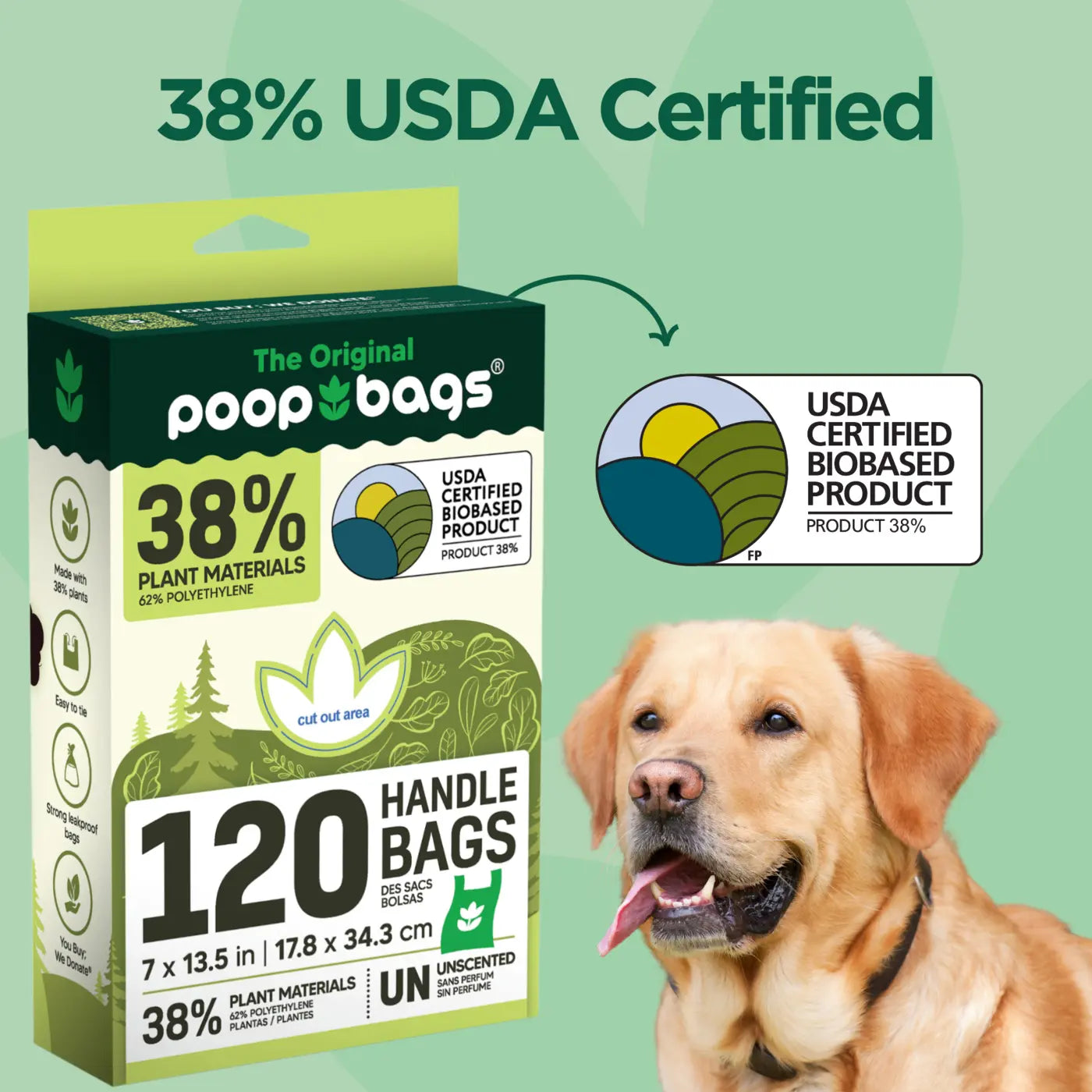 Green dog poop bags handle bags box labeled 38 percent plant materials is shown beside a tan dog and USDA badge.