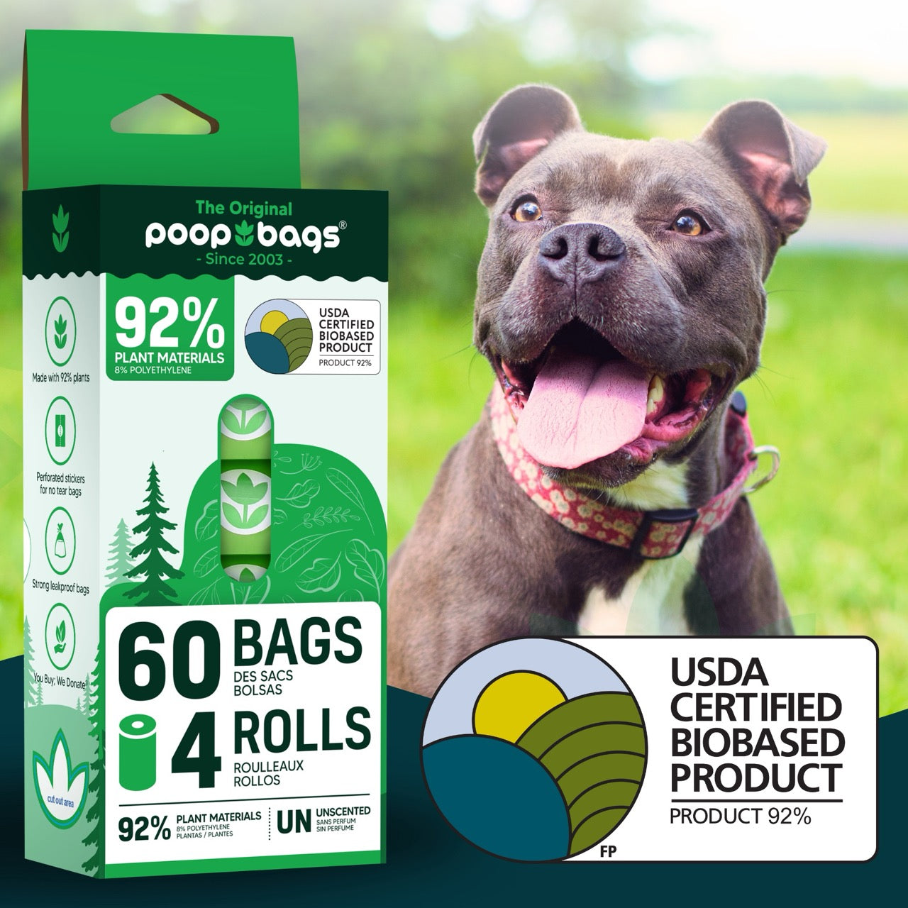 Best eco friendly dog poop bags shown with smiling dog, 92% plant-based materials, USDA certified biobased, and 60 bags per pack