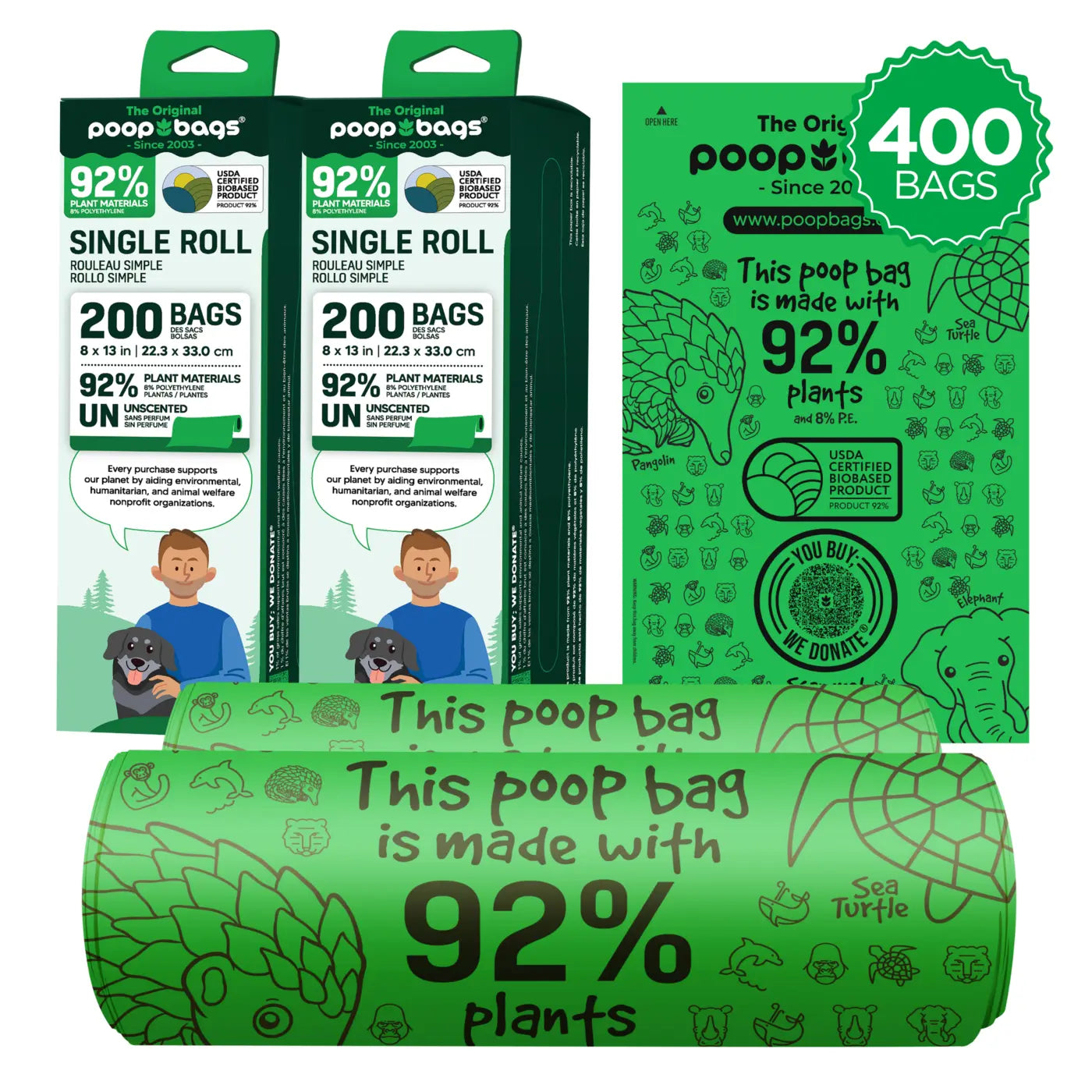 Bulk poop bags product lineup with two 200 bag boxes, a 400 bag pack, and a green roll labeled 92 percent plants.
