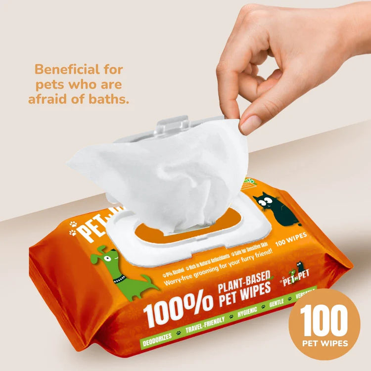 Hand pulling Pet n Pet plant-based wipe from orange package labeled "Beneficial for pets who are afraid of baths" with 100-count display.