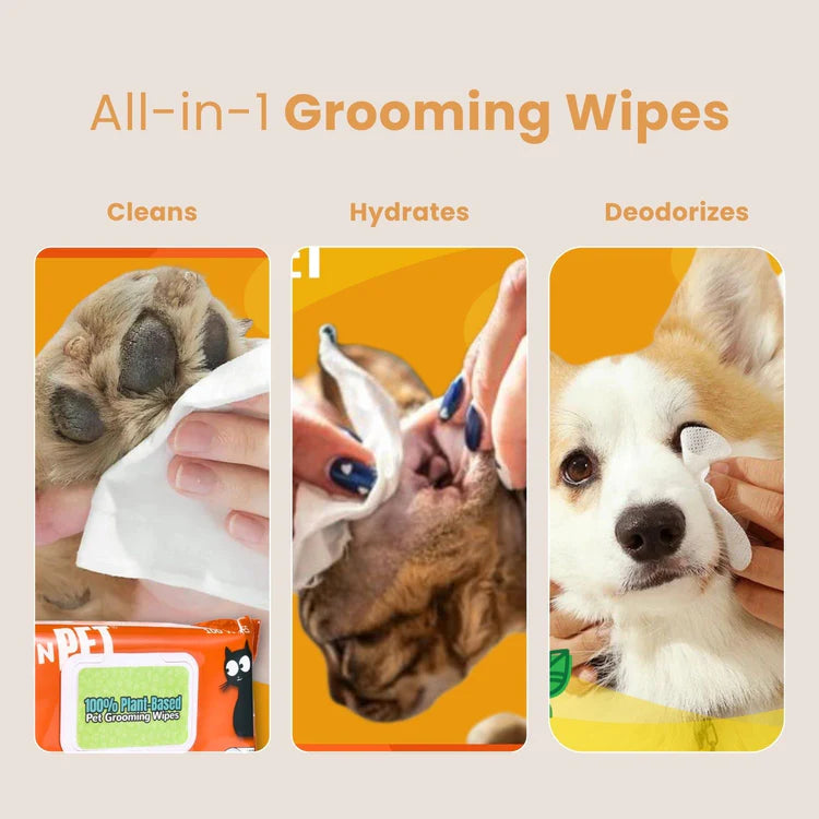 All-in-1 Grooming Wipes packaging with images of a paw, ears, and a dog's face being cleaned.