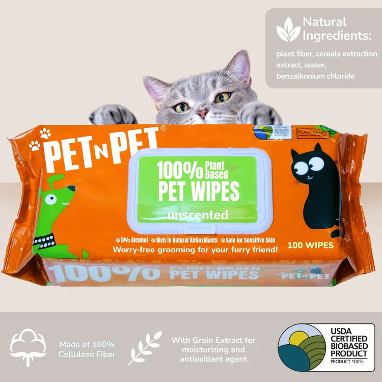 Pet n Pet plant-based pet wipes featuring 100% natural ingredients and USDA organic certification with 100-count pack for worry-free pet grooming.