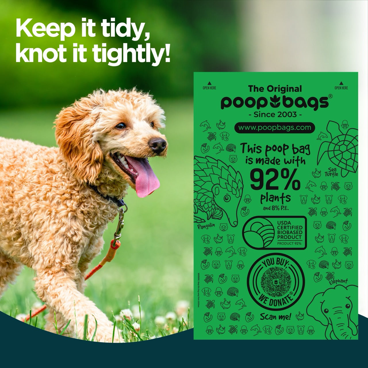 Best earth friendly dog poop bags shown with green packaging, plant-based compostable design, and happy dog outdoors