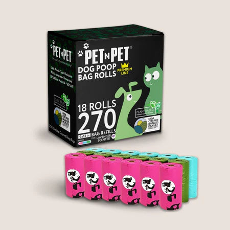 Box of Pet n Pet dog poop bag rolls with multiple bags displayed in front.