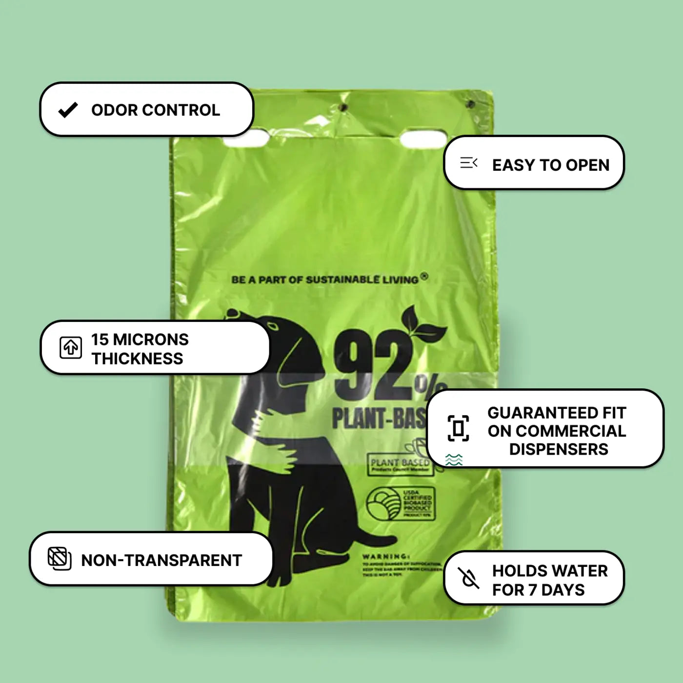 Compostable bags for dog poop green 92 percent plant based bag is shown with callouts for odor control and dispenser fit.