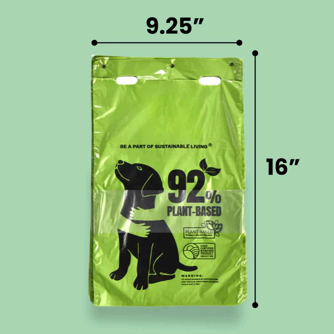 Green dog poop bags measurement graphic shows a 92 percent plant based bag marked 9.25 inches wide and 16 inches tall.