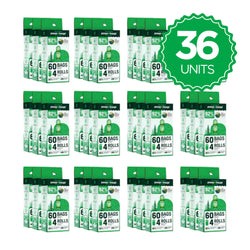 Wholesale dog poop bags bulk pack showing 36 units of eco-friendly dog waste bags in green retail boxes