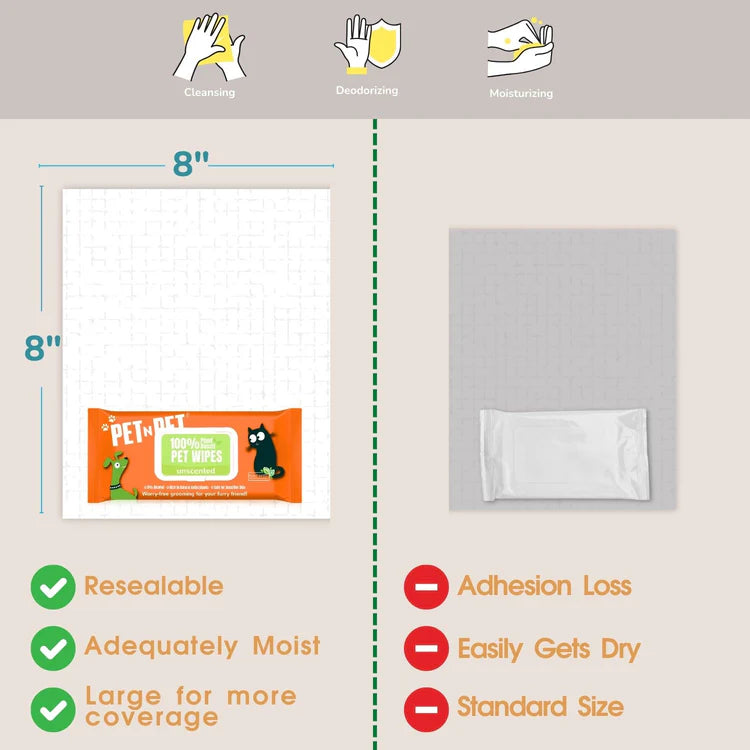 Pet n Pet wipes size comparison chart showing 8-by-8-inch dimensions and highlighting resealable, moist design versus smaller standard wipe packs.