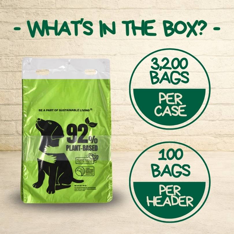 Original Poop Bags 92% plant-based dog poop bag green packaging showing 3,200 bags per case and 100 bags per header.