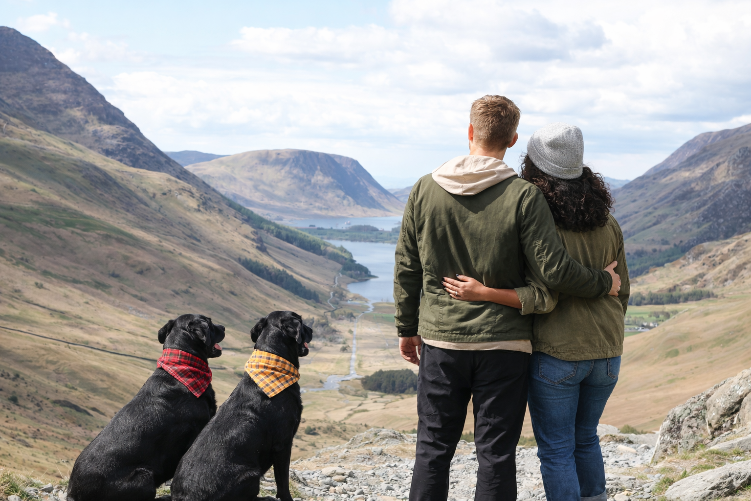 Two people and two dogs overlooking a scenic mountain landscape with a lake.