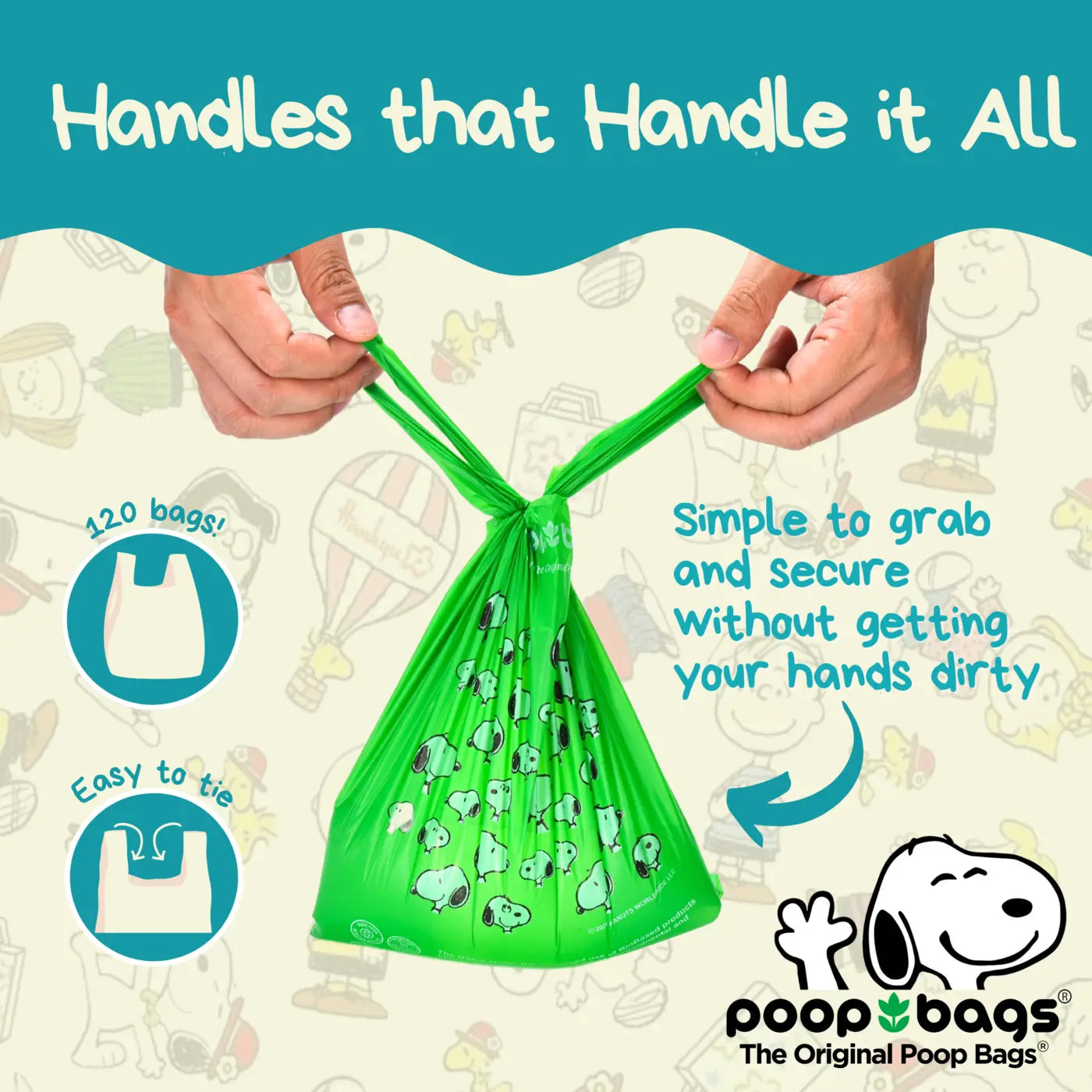 Dog poop bags with handles are tied by two hands on a green bag with cartoon prints and a visible logo.