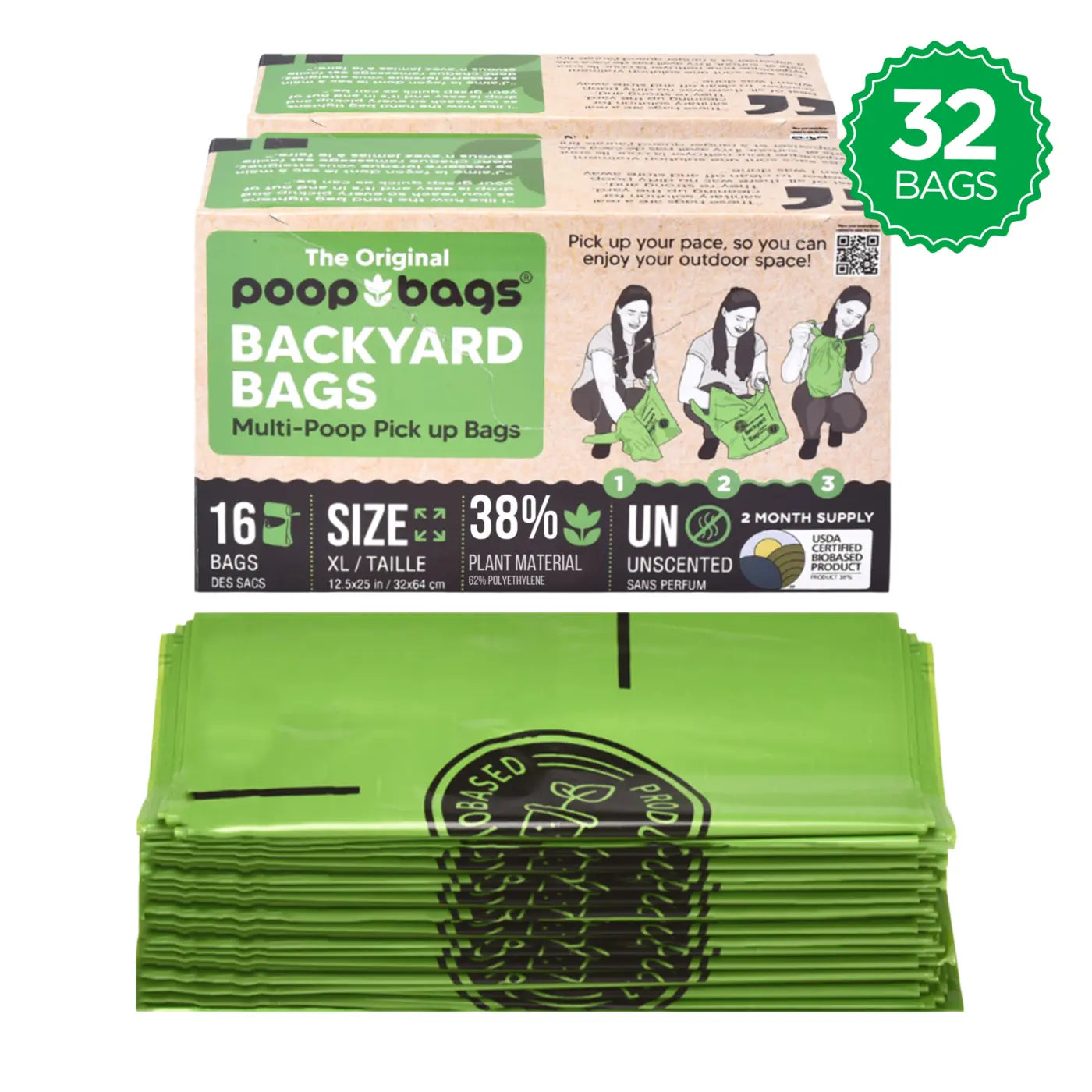 Eco friendly poop bags for dogs are shown as backyard bags boxes with a stack of folded green bags and a 32 bags badge.
