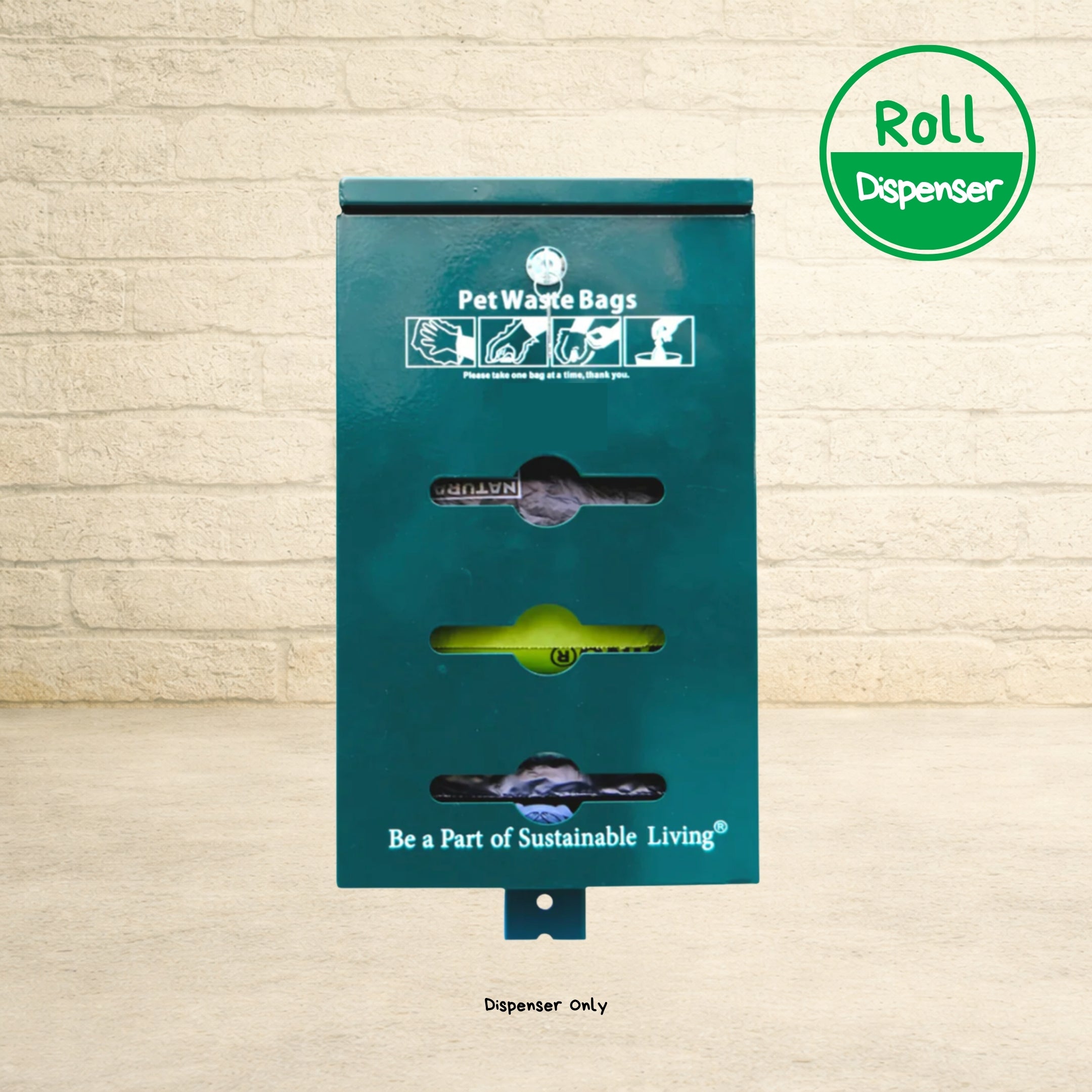 Dog poop bag dispenser roll with teal housing and multiple colored bag rolls for pet waste cleanup and sustainable living.
