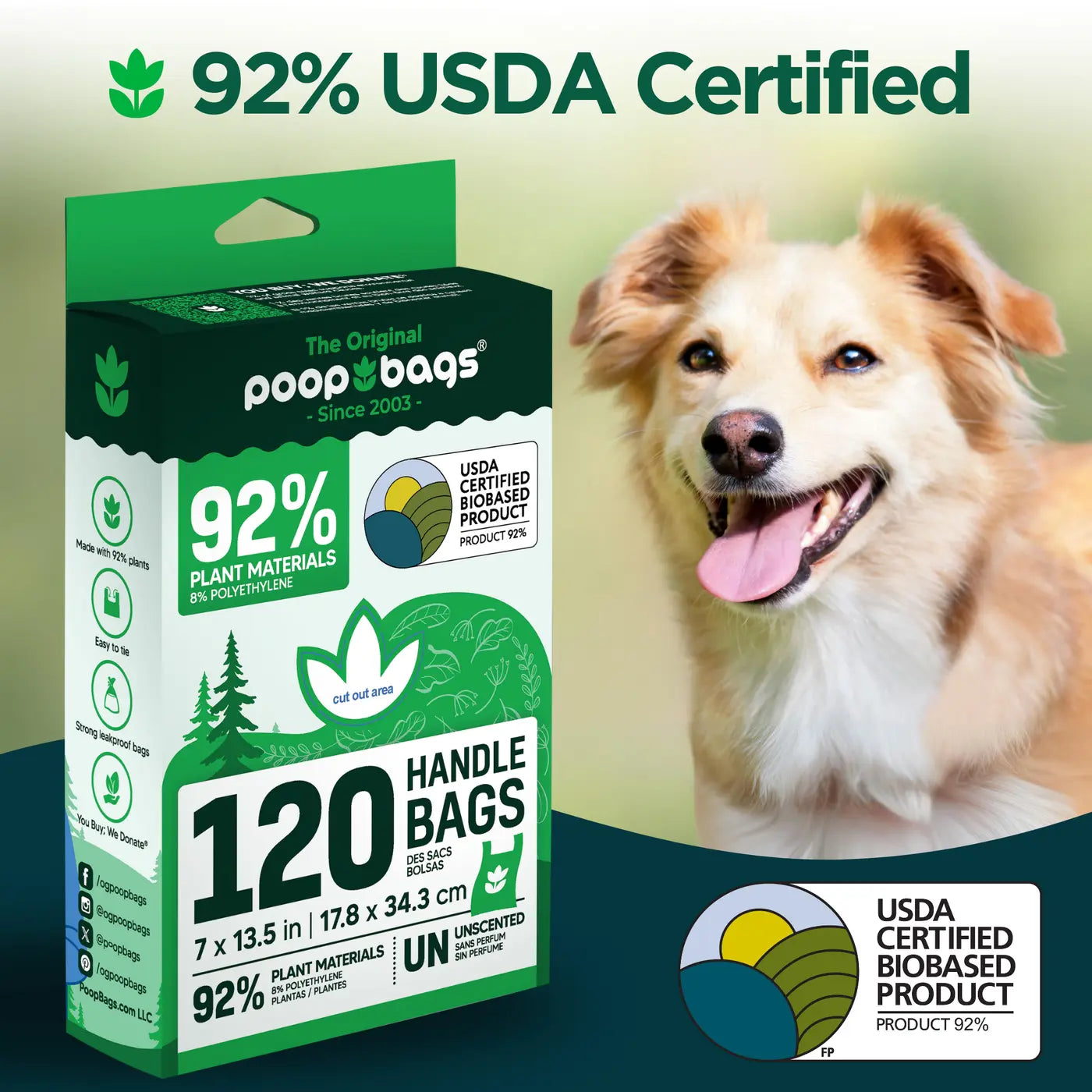 Environmentally friendly dog bags 92 percent plant materials box is shown beside a smiling dog and a USDA biobased badge.