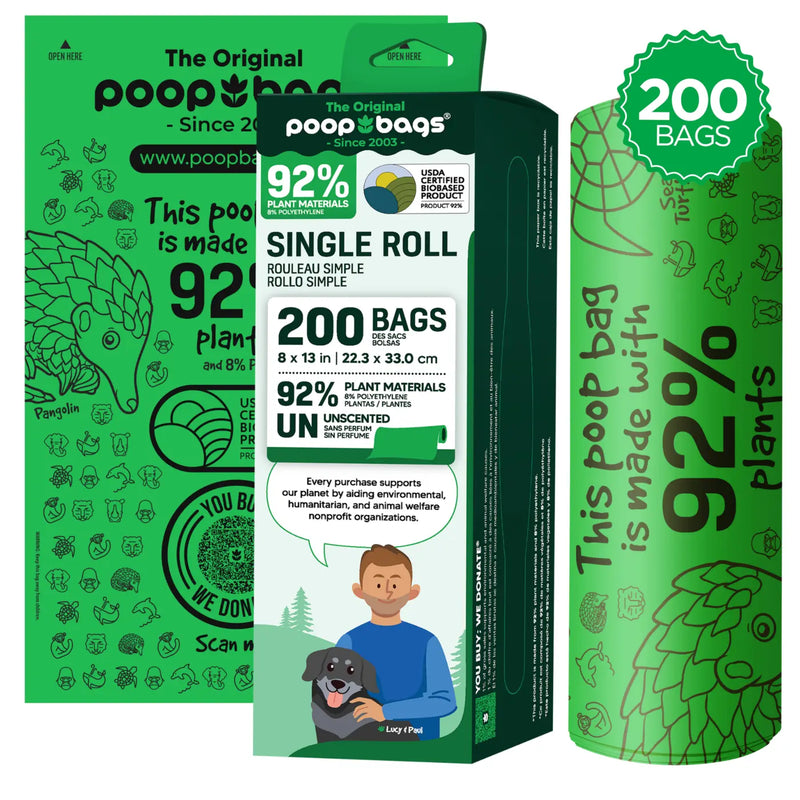 Dog poop bag roll displayed next to a single roll 200 bags box and green bag pack labeled 92 percent plants.
