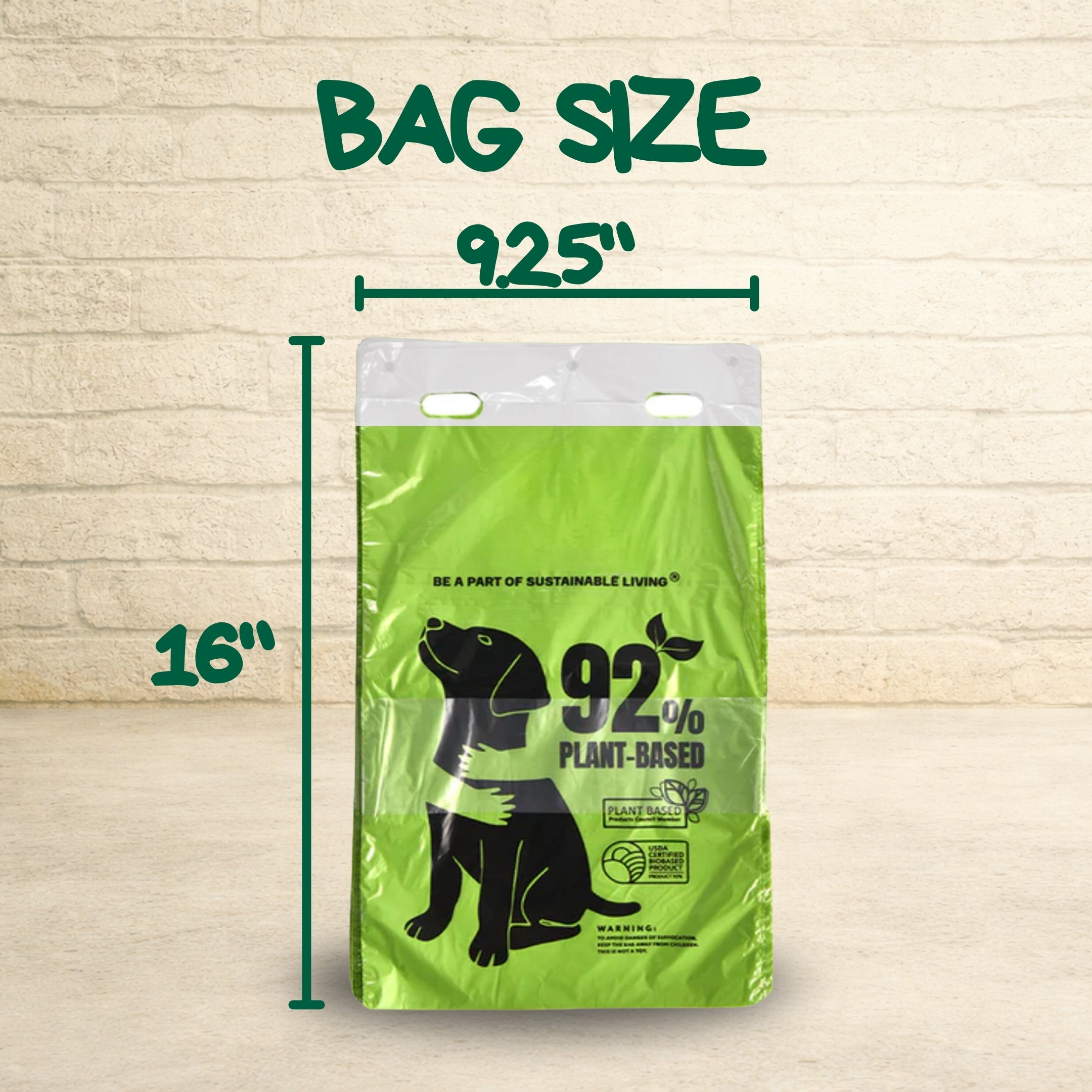 Sustainable dog poop bags measuring 9.25 inches wide by 16 inches tall, 92% plant-based with durable leak-resistant design