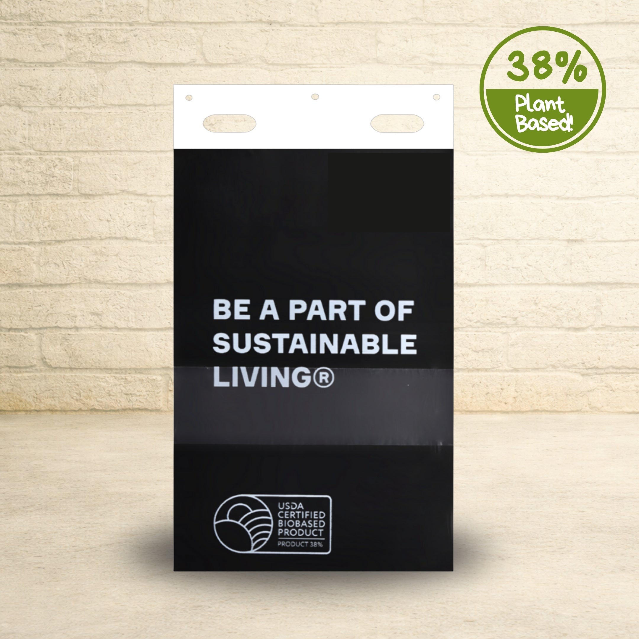 Biodegradable dog poop bags with 38% plant based material and USDA Certified Biobased Product label.