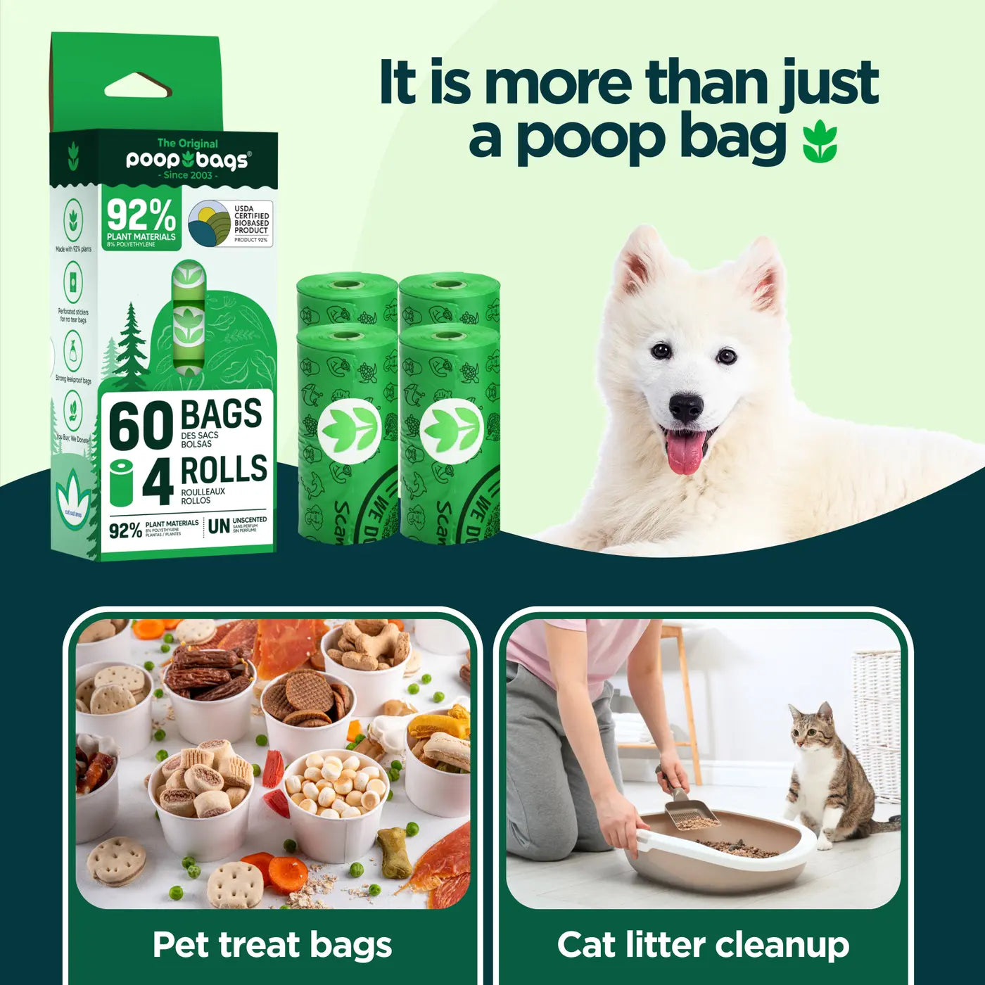 Dog poop bags environmentally friendly and USDA certified, made with 92% plants for sustainable waste cleanup.