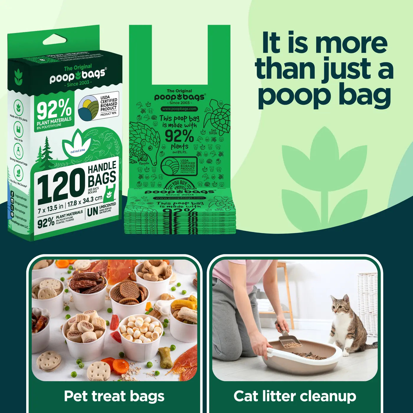 Eco friendly dog bags box and green handle bags appear with panels for pet treat bags and cat litter cleanup.