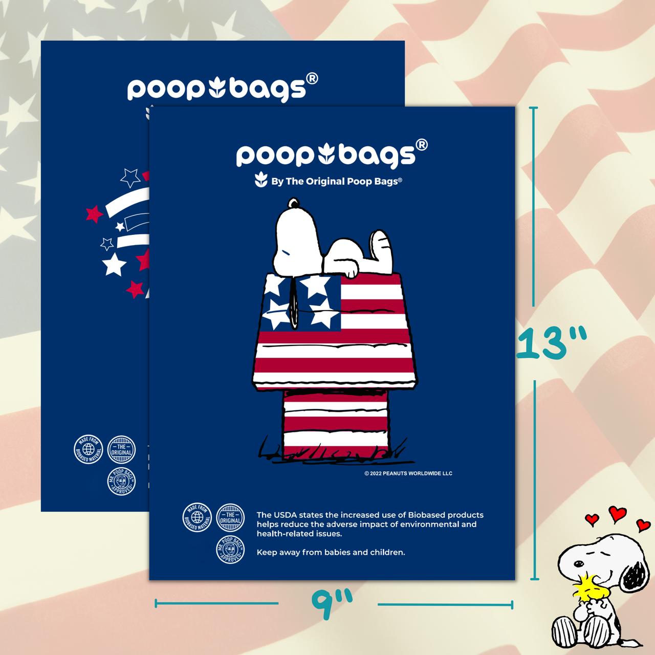 360 USDA Biobased Poop Bags, Peanuts Americana, Unscented, 9X13 inches 