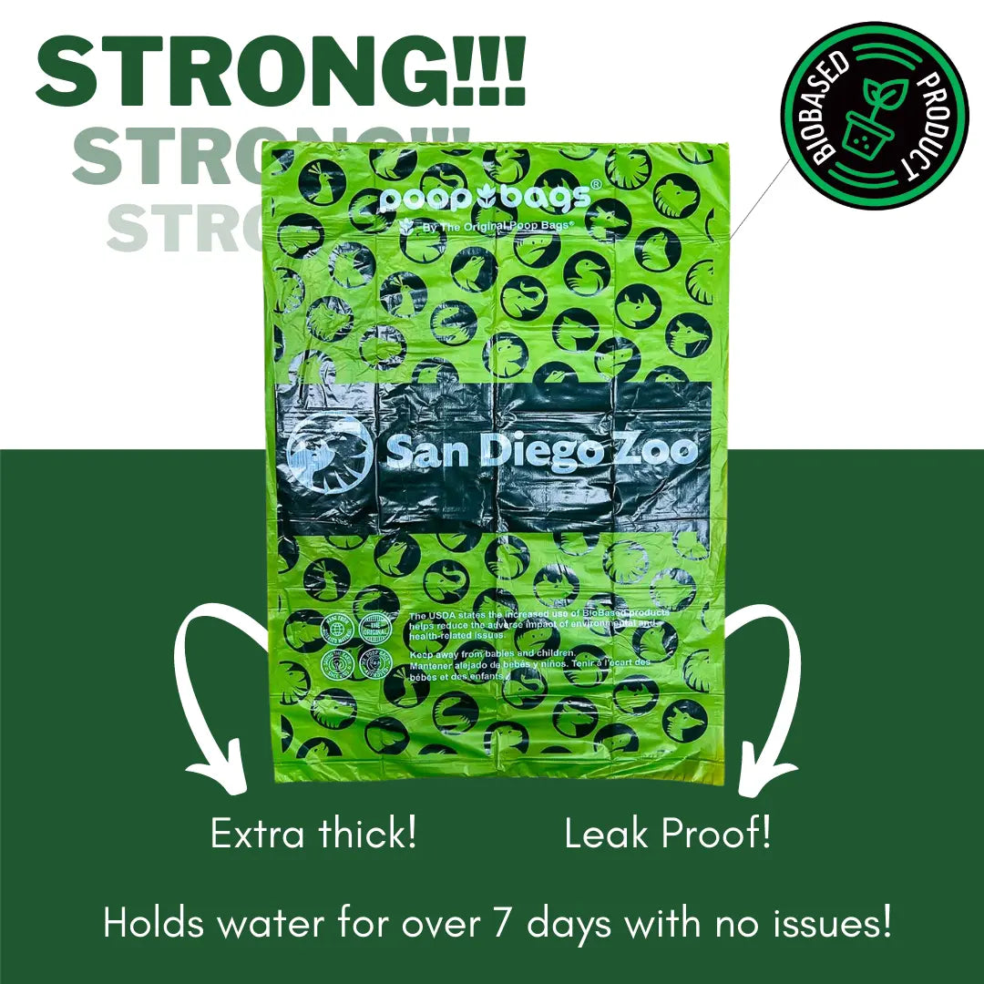 Strong dog poop bags San Diego Zoo green bag appears with extra thick and leak proof notes plus a biobased product badge.