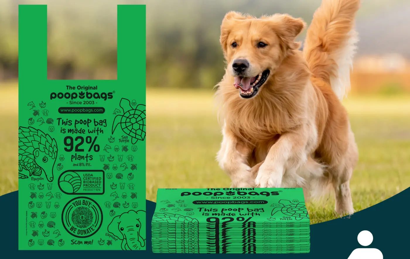 Green packaging of eco dog waste bags beside a golden retriever running on grass, highlighting plant based materials and a donation message.