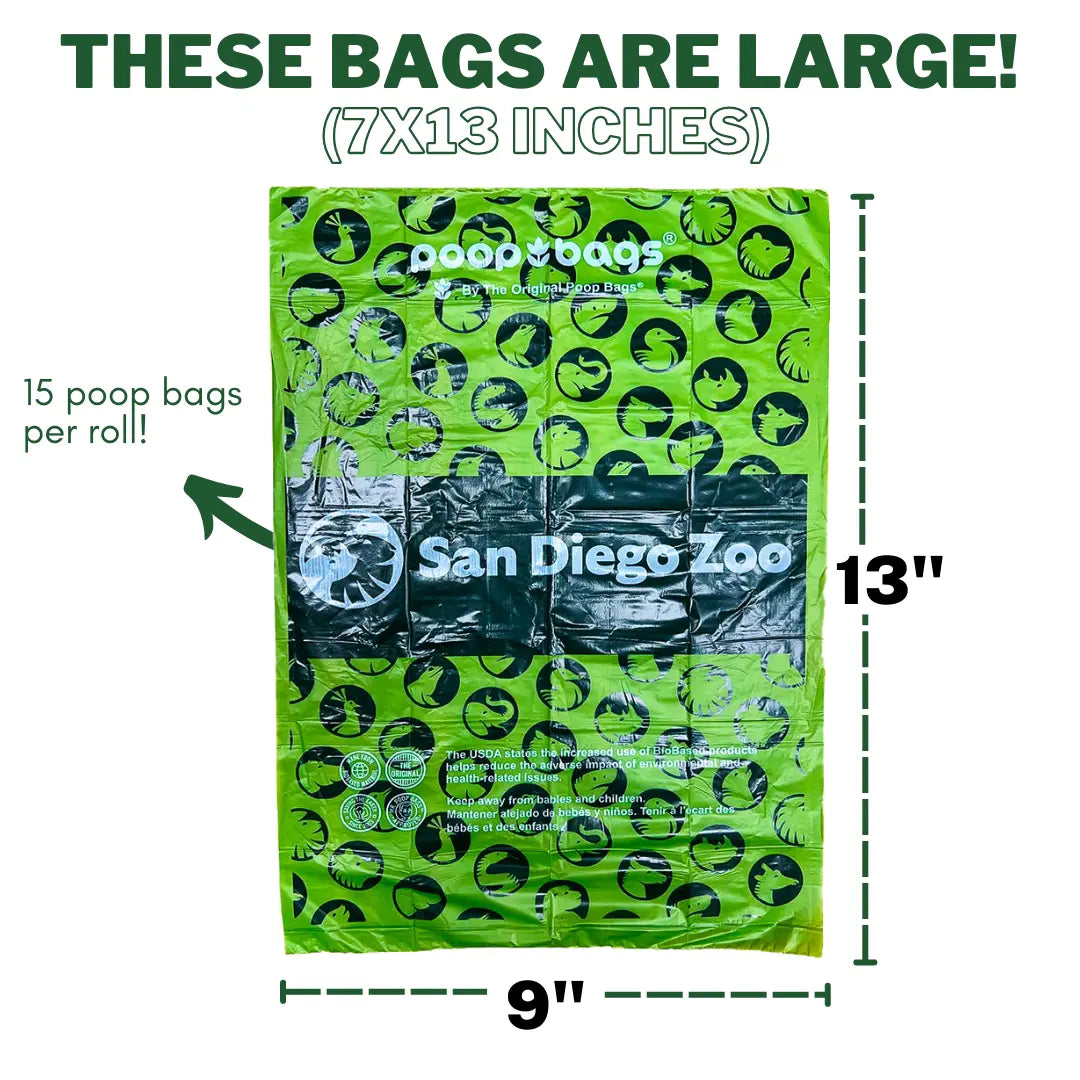 Large dog poop bags green bag with San Diego Zoo logo and size guide showing 9 inches by 13 inches, 15 bags per roll.