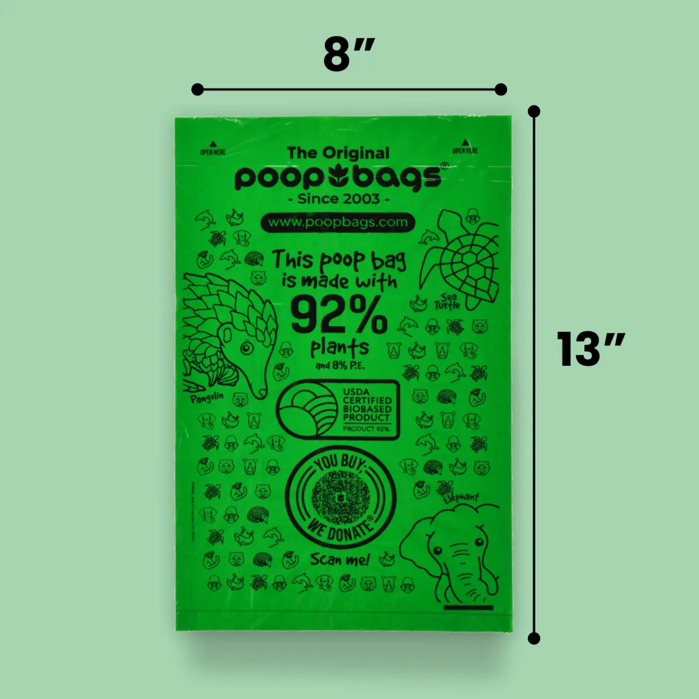 Green packaging of sustainable dog poop bags showing an 8 by 13 inch size, 92 percent plant-based material, and illustrated icons.