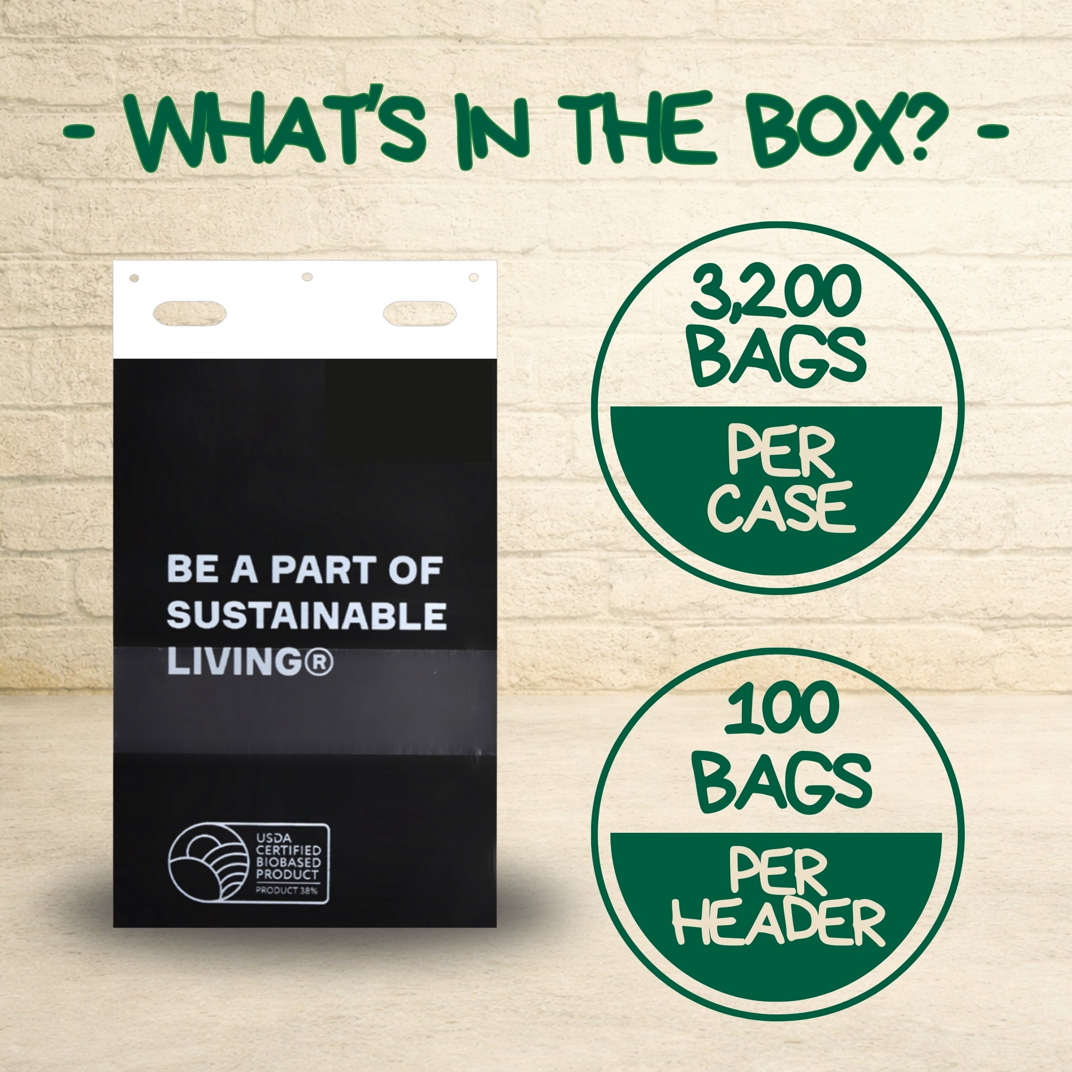 Dog poop bags bulk case with 3,200 bags per case and 100 bags per header, USDA Certified Biobased.