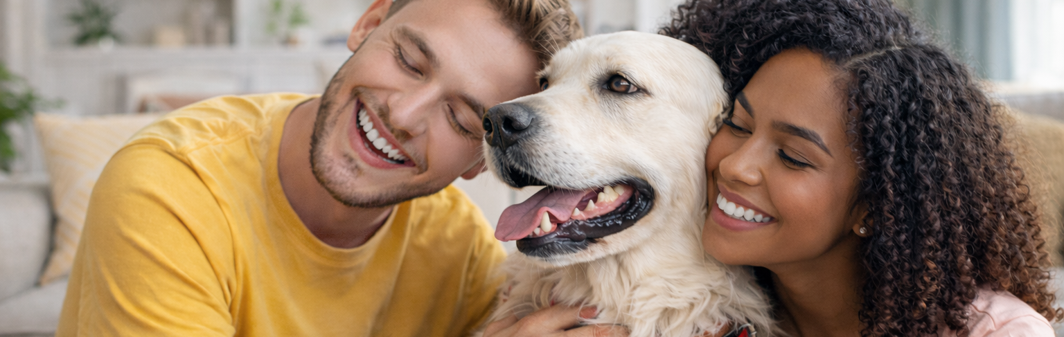 Happy couple with white Golden Retriever enjoying quality time together indoors.