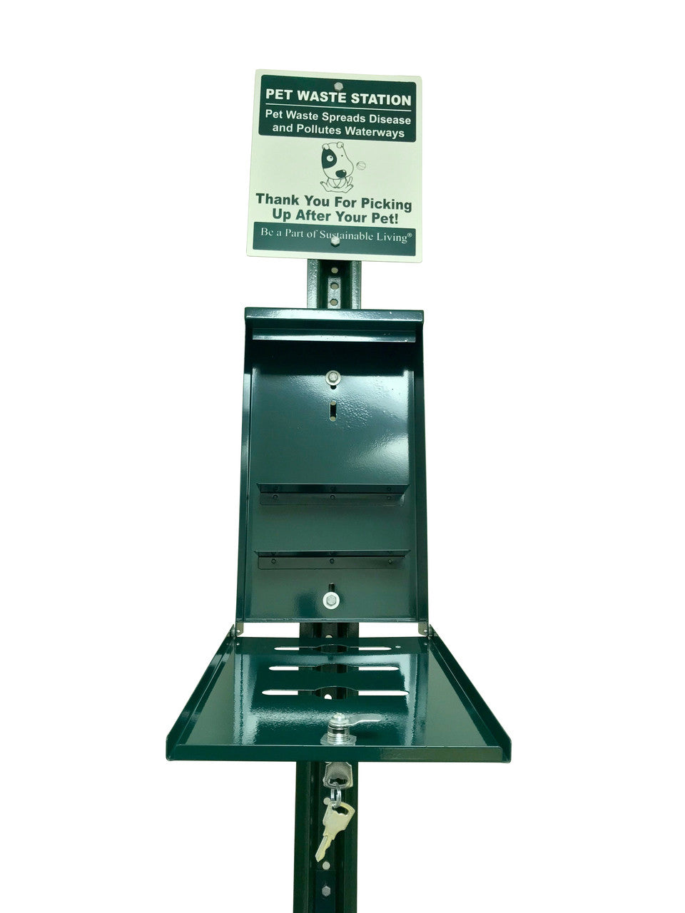 Poop bags dispenser has a slanted roof to keep rain water from getting in and making bags wet.

Locking hatch and includes two keys

Holds up to four rolls (800 bags) with three openings for easy access to three separate rolls (600 bags)

Powder coated aluminum for rust free use in all weather
