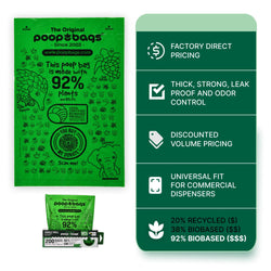 Green packaging of dog poop disposal bags labeled 92 percent plant based, with icons highlighting durability and dispenser compatibility.
